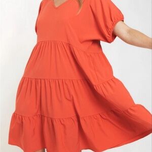V Neck Tiered Babydoll Dress w Pockets 2X Orange NWT!